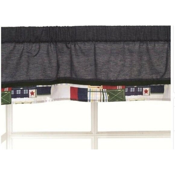 Kids Line 3 Panel Set Oxford Bear Window Valance Blue Patchwork Plaid Border - Picture 2 of 3